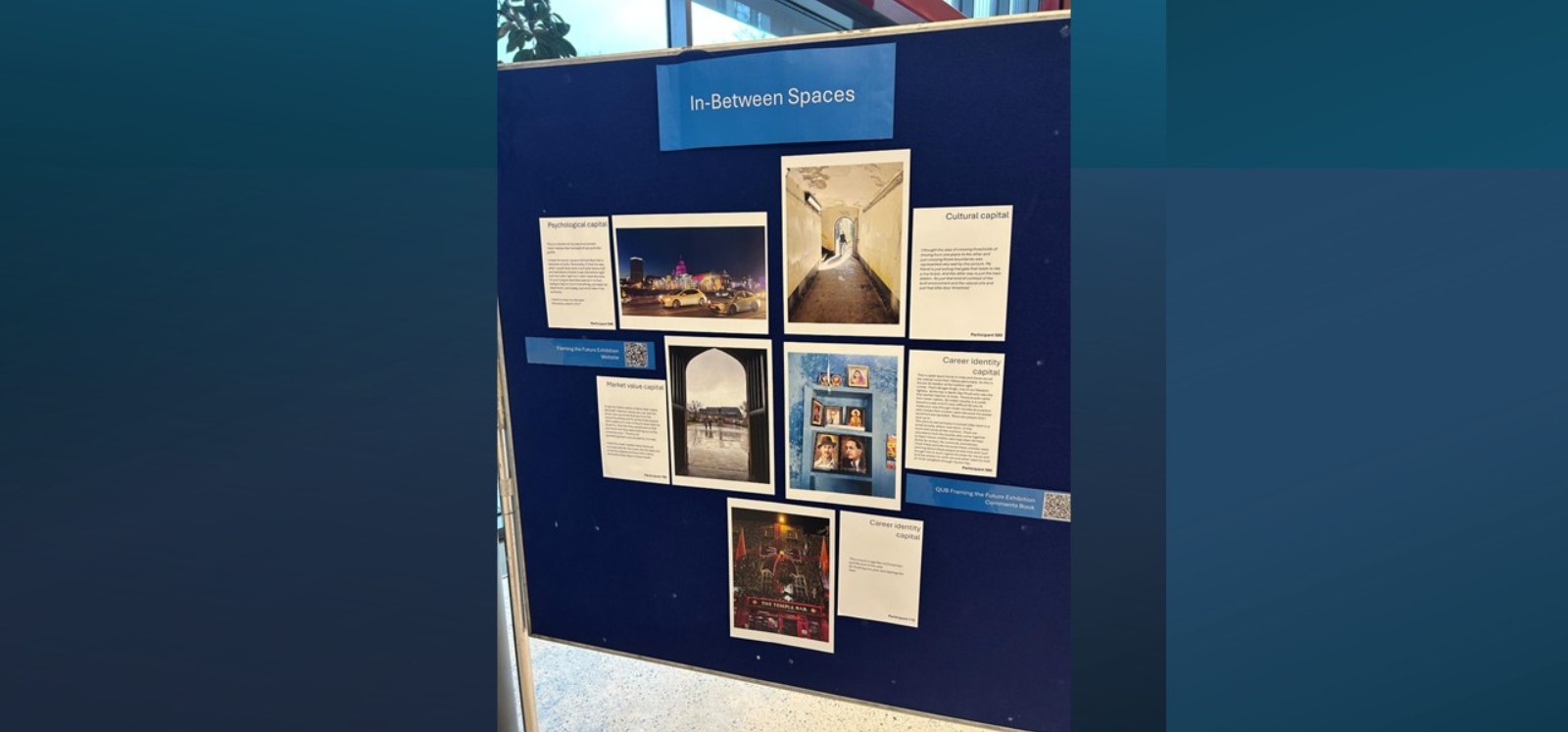 blue notice board with photos